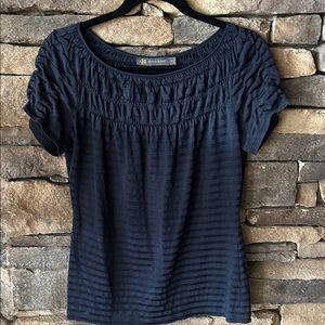 Outback Red Black Striped Blouse with slightly sheer stripes and ruched sleeves